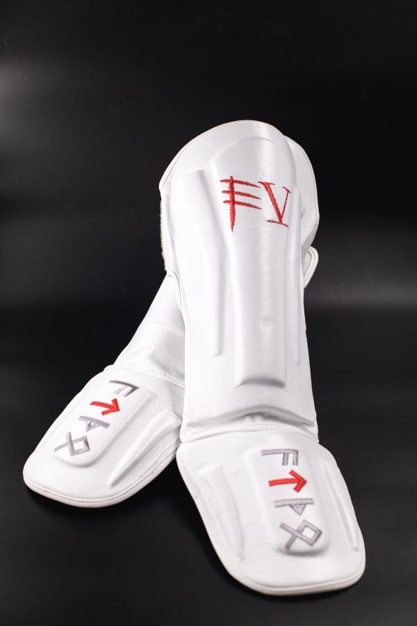White QuanWessels Leather MMA Shin Pads for Mixed Martial Arts Training in Johannesburg