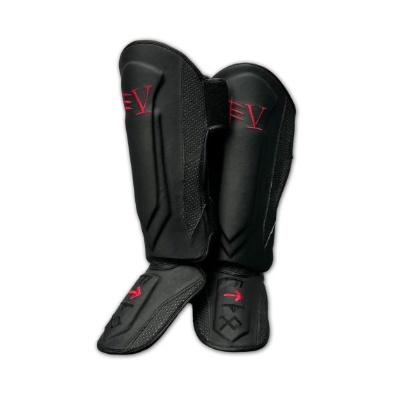 Black Leather Kick Boxing Shin Pads. Martial Arts Training.