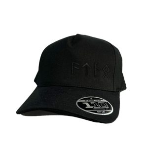 Black Flexfit style cap with black Rune Virtues. Any season headwear.