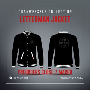 QuanWessels Winter Collection - Black Lettermen Jacket with Black Logo on left chest and centre back