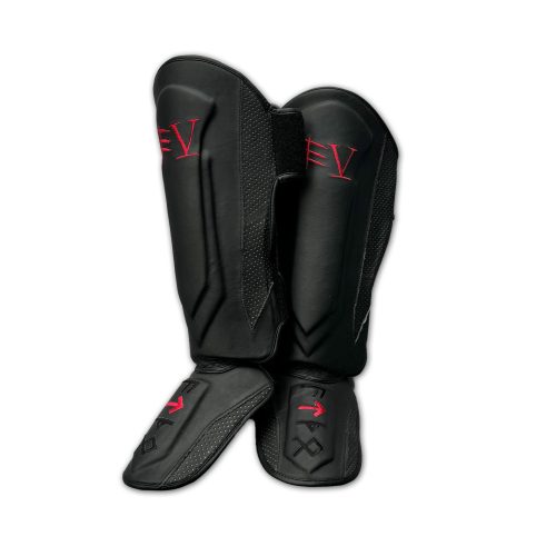 Black Leather Kick Boxing Shin Pads. Martial Arts Training.